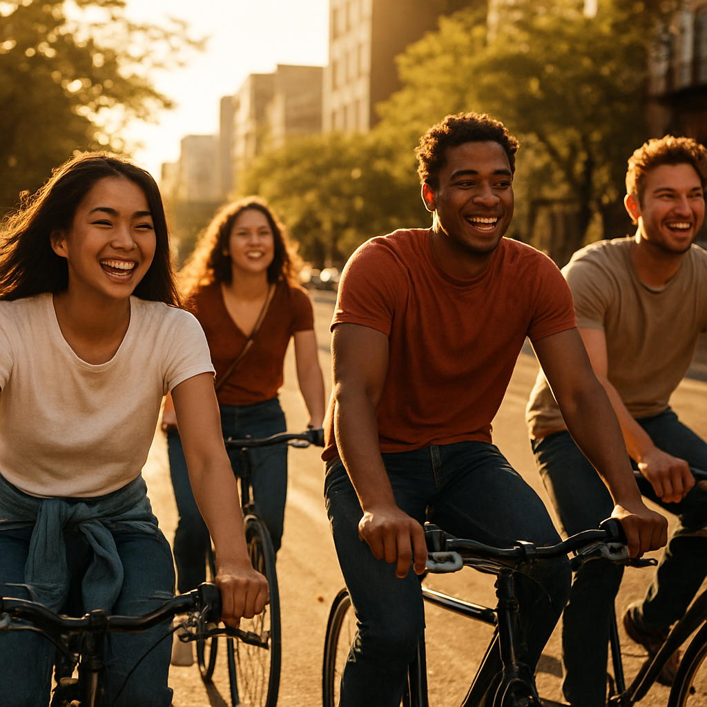 A group of friends cycling through the city at sunset