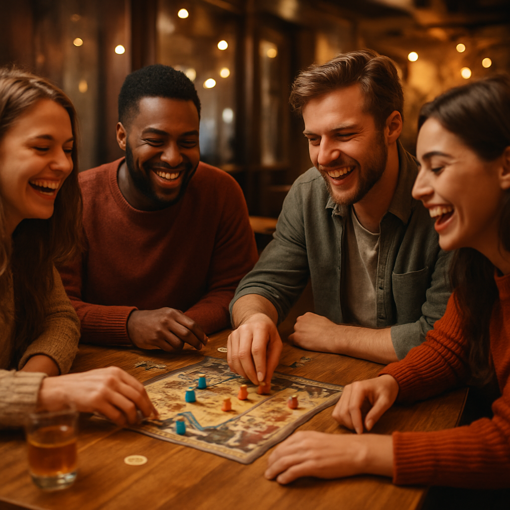 Friends playing a board game together in a cozy cafe