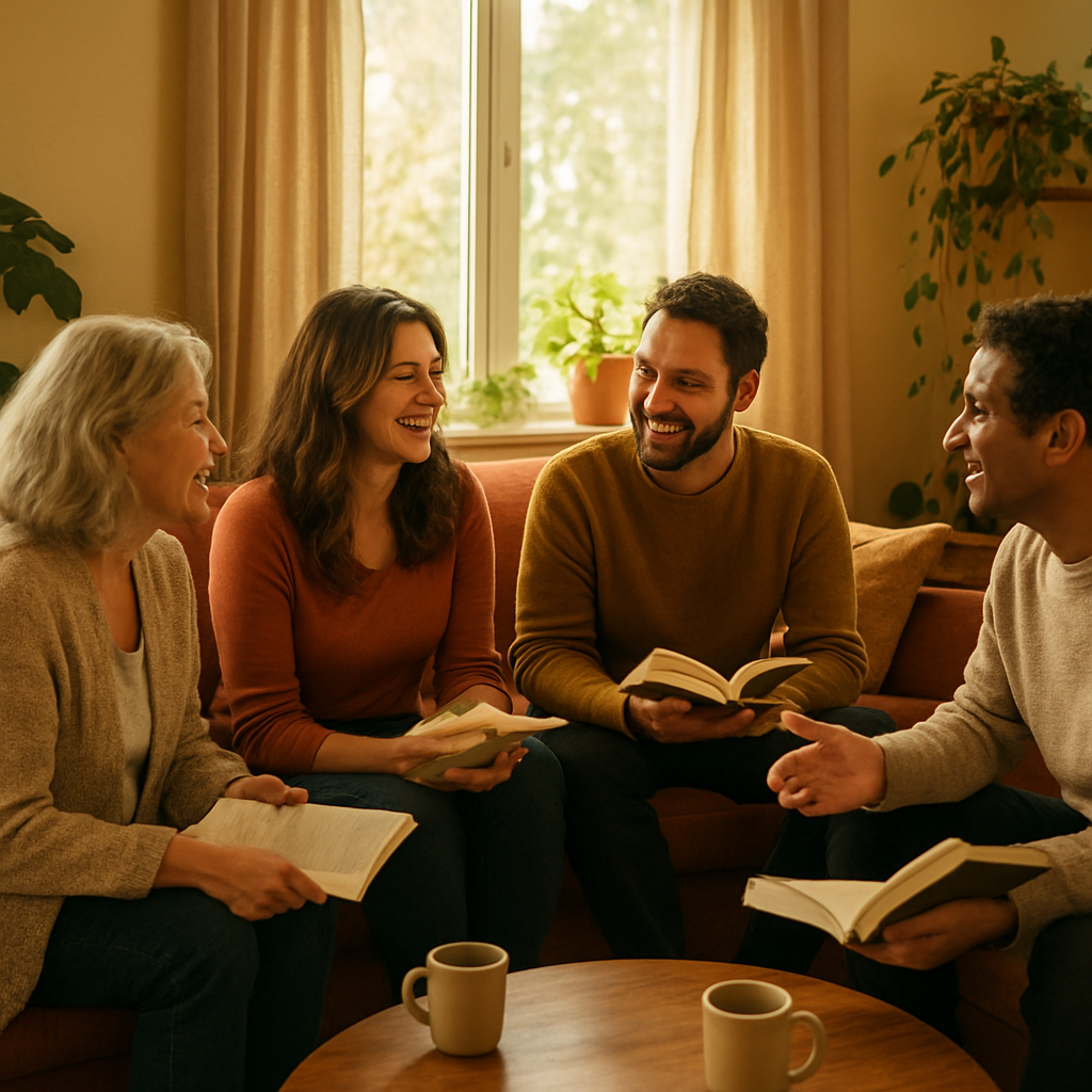 A book club gathering in a cozy living room