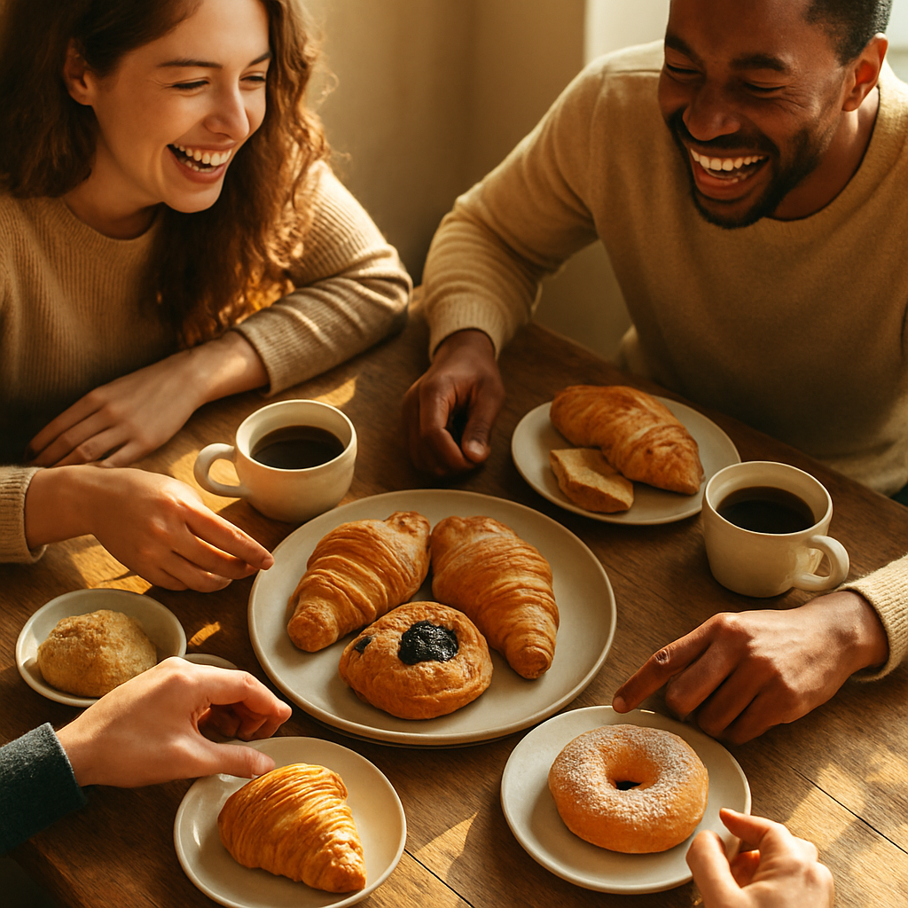 Friends sharing a weekend brunch at a sunlit table