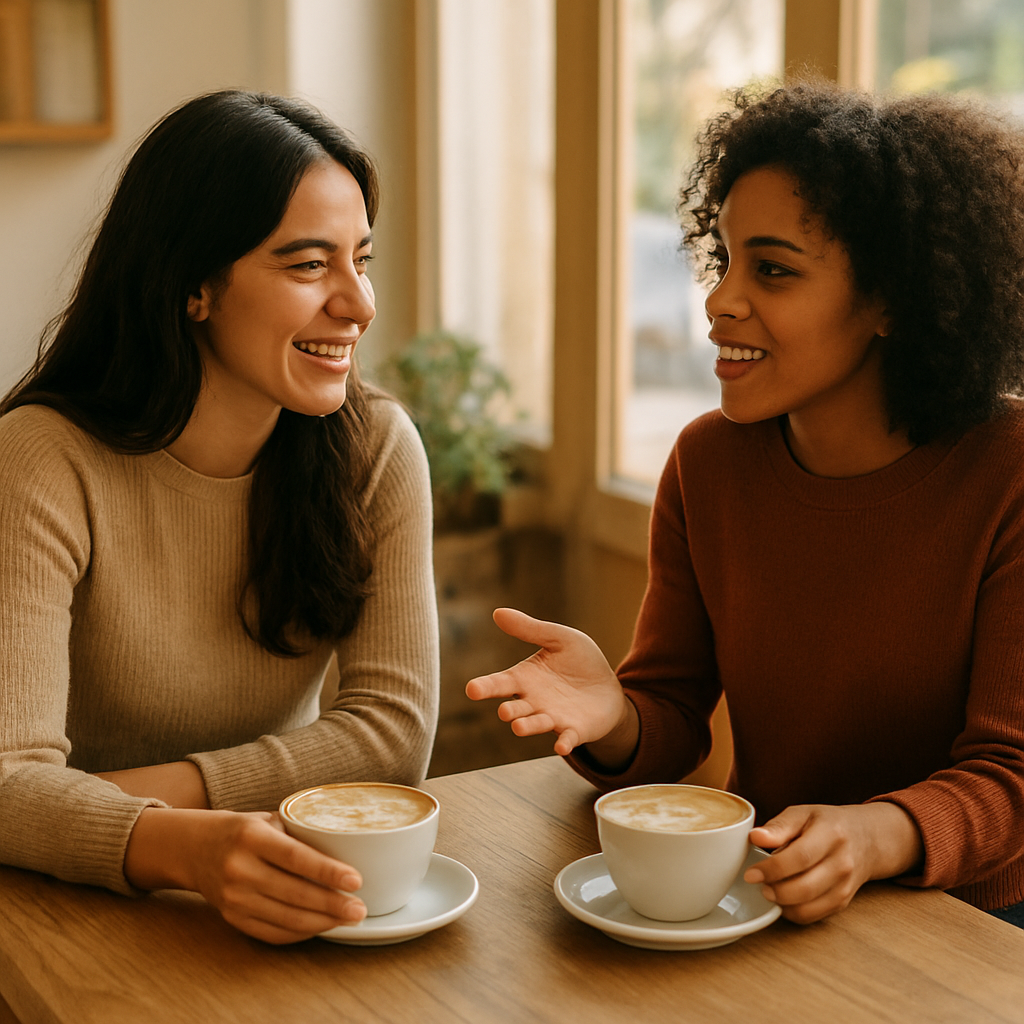 Two people talking over coffee at a sunlit cafe
