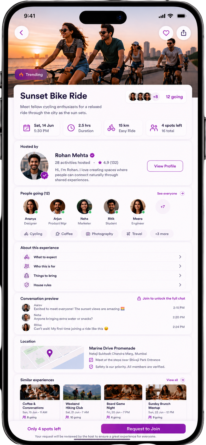 FrndCircle activity detail screen for a Sunset Bike Ride showing the verified host, people going, group chat preview, location, and a Request to Join button