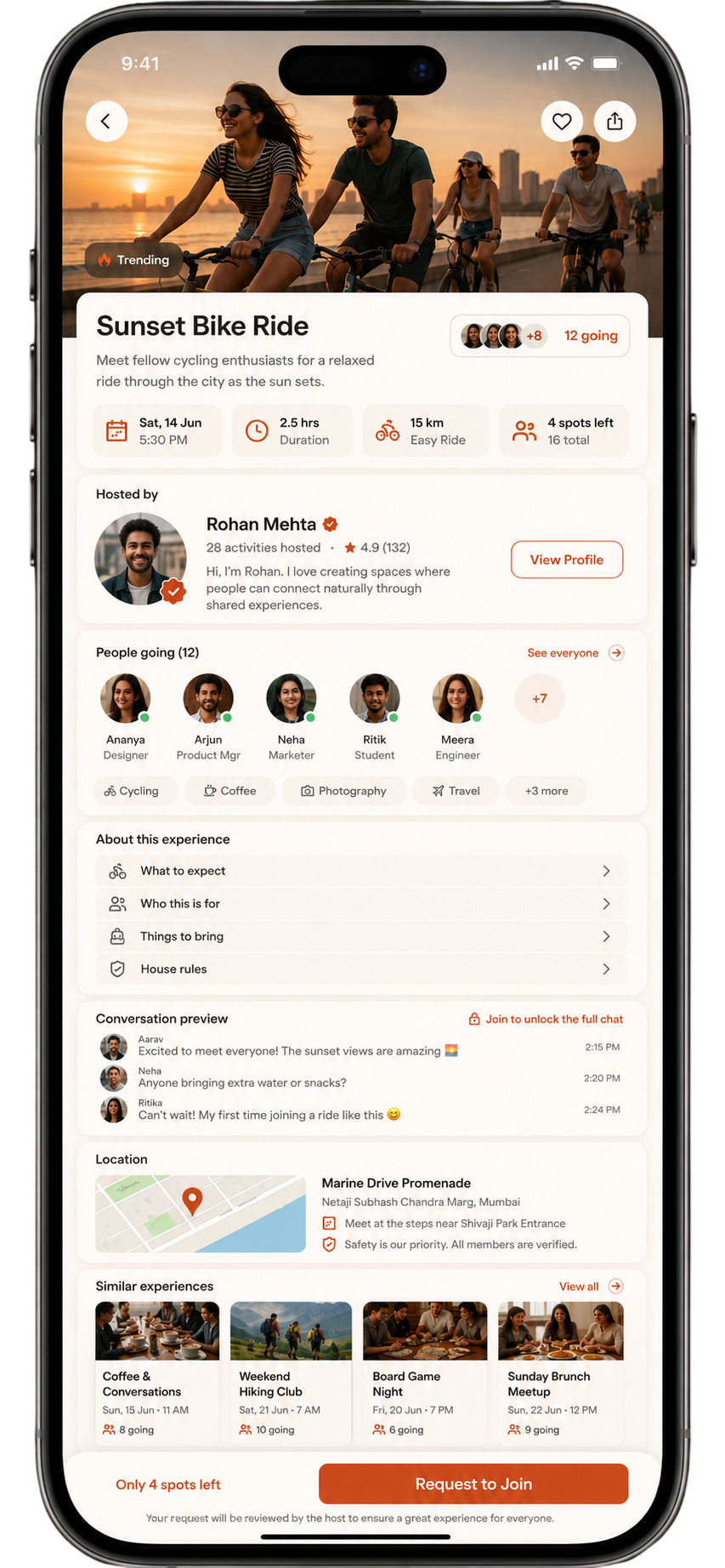 FrndCircle activity detail screen showing a Sunset Bike Ride with verified host, 12 people going, group chat, and Request to Join button