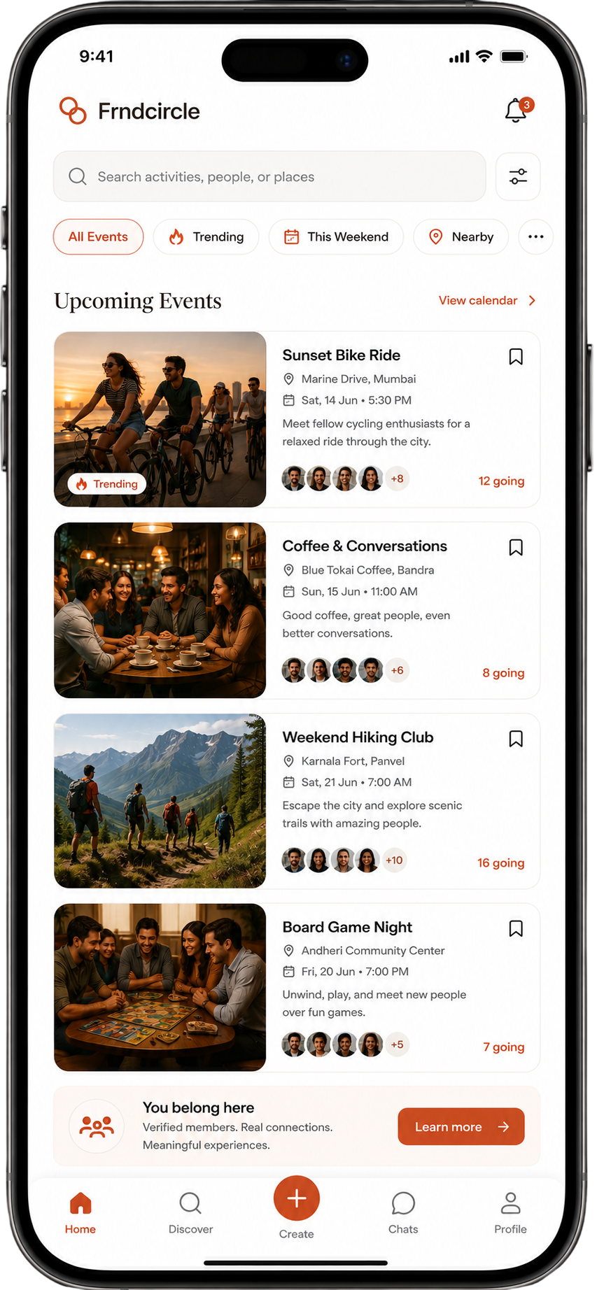 FrndCircle home feed showing upcoming activities: Sunset Bike Ride, Coffee & Conversations, Weekend Hiking Club, Board Game Night — each with member avatars and going counts